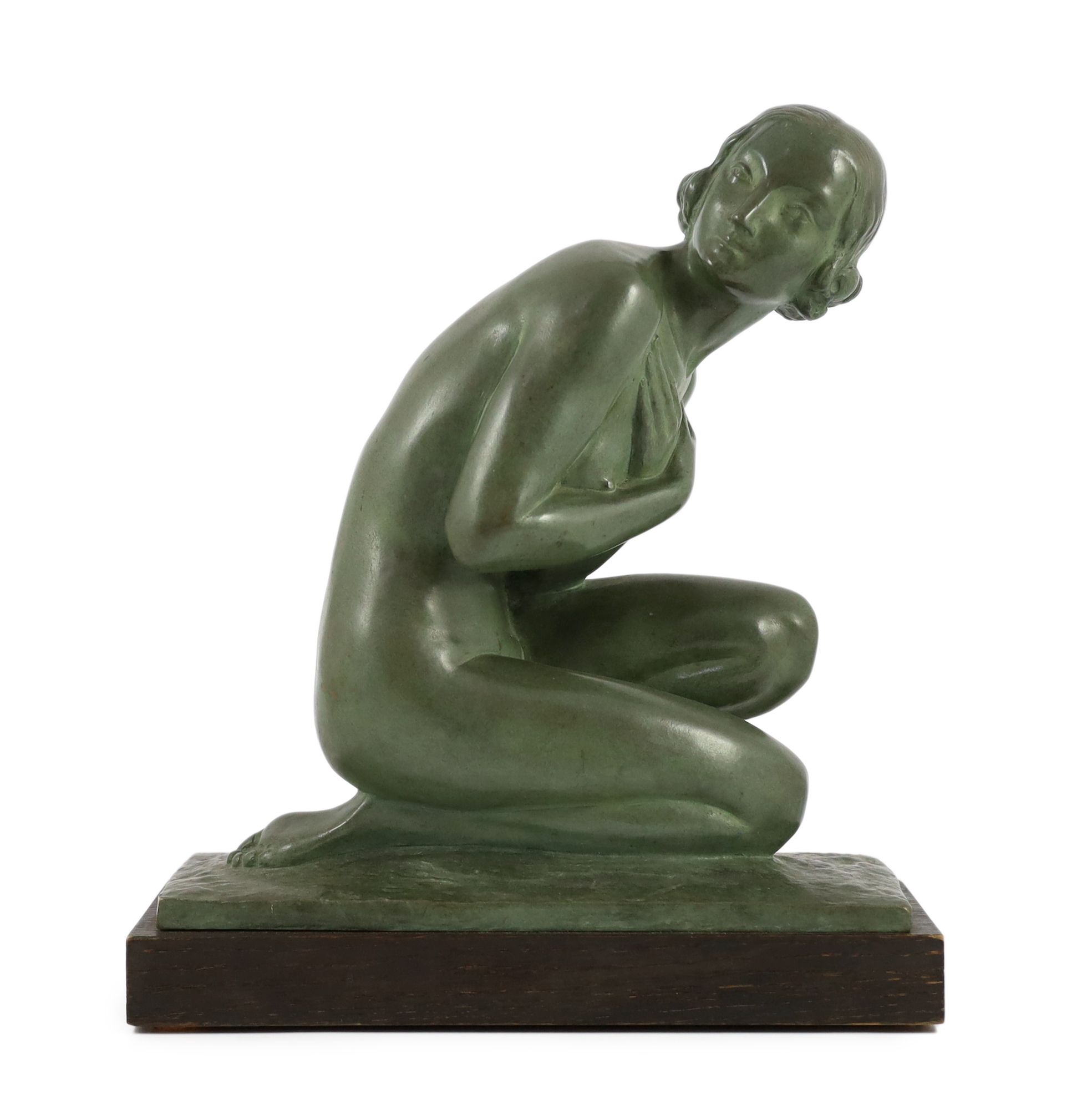 Lucien Charles Edouard Alliot, (French, 1877-1967). An Art Deco bronze figure of a kneeling maiden, 33cm wide, 14cm deep, 39cm high